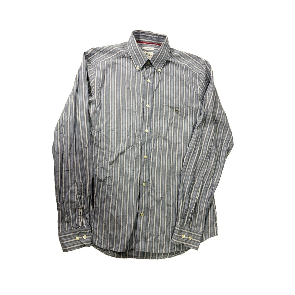 Lacoste Mens Size 38 Button Down Long Sleeve Blue/White Stripes Modern Fit